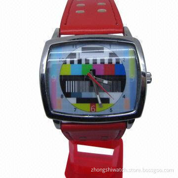 TV Pattern Promotional Watch, with Big Dial, Red Leather Band, Various Designs Available
